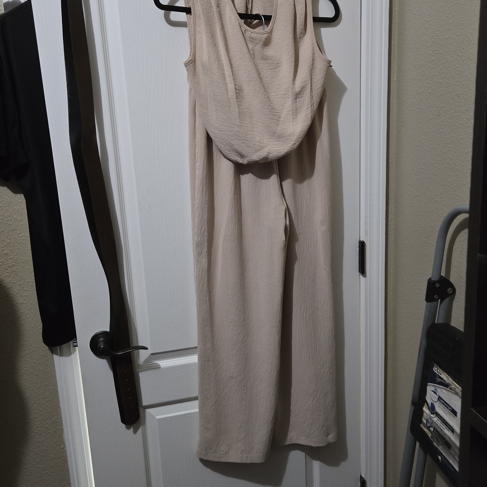 Beige Sleeveless Two Piece Pant Set